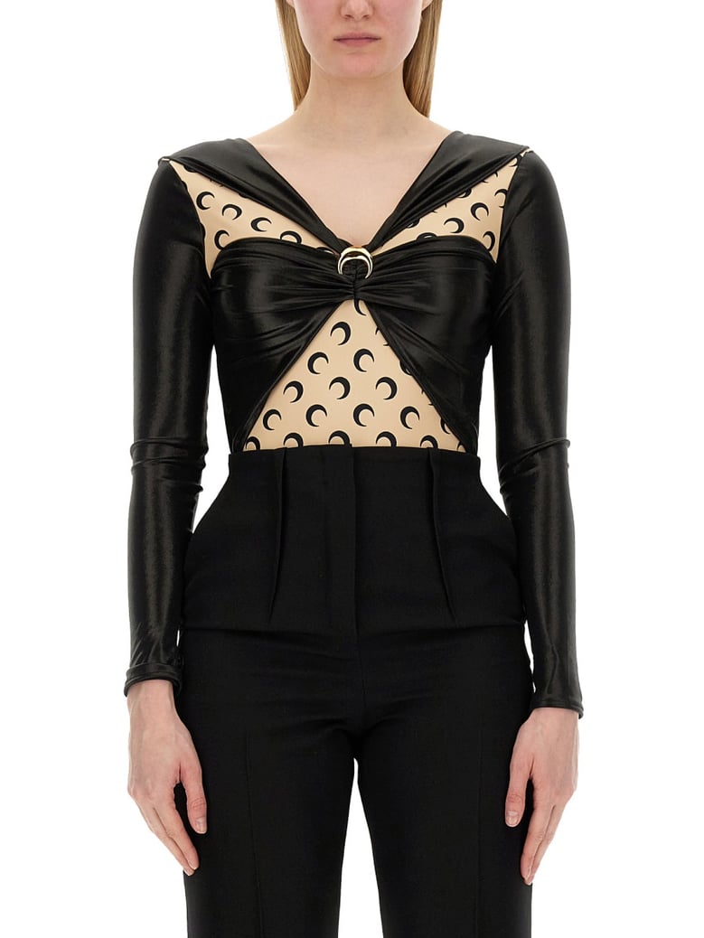 draped bodysuit in black by Selfnex