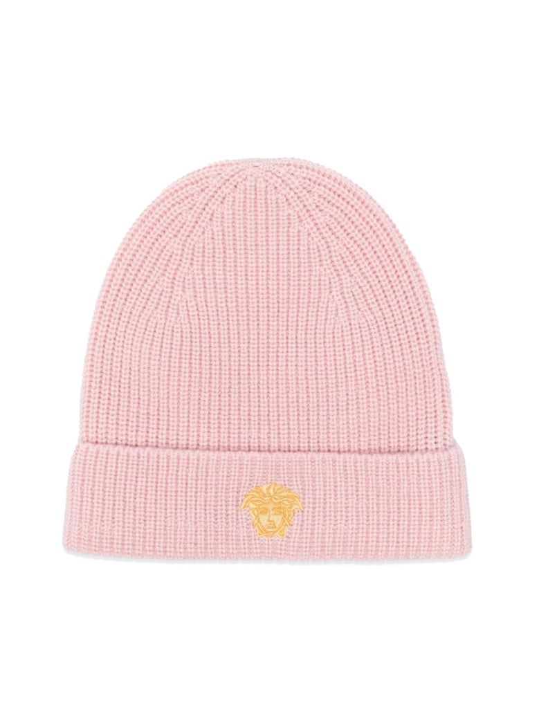 knit hat with medusa embroidery pink by Selfnex