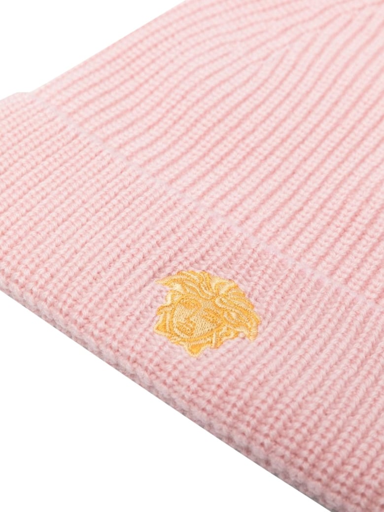 knit hat with medusa embroidery pink by Selfnex