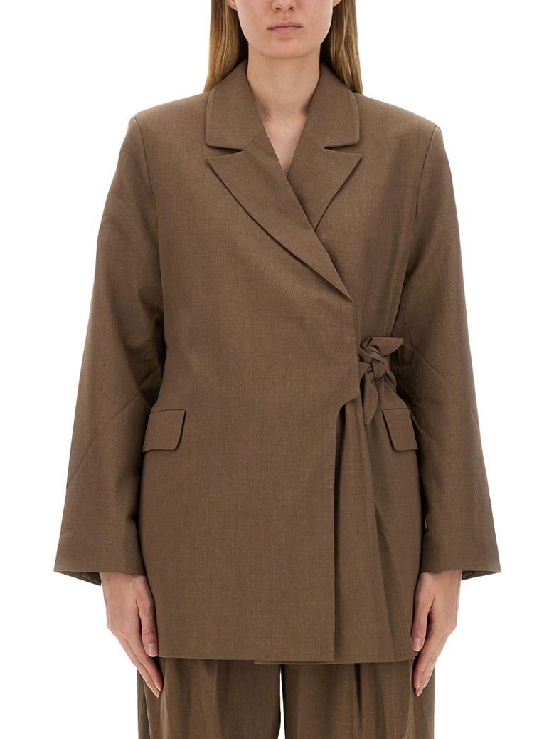 asymmetrical blazer in brown by Selfnex