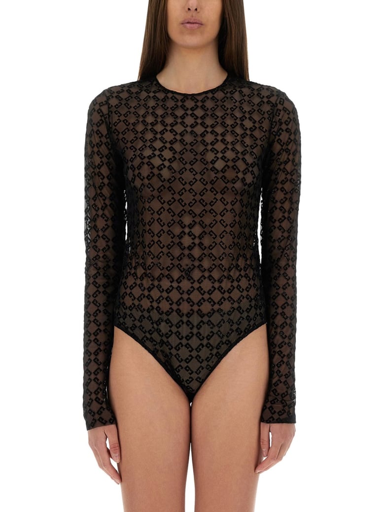 monogram tulle bodysuit by Selfnex