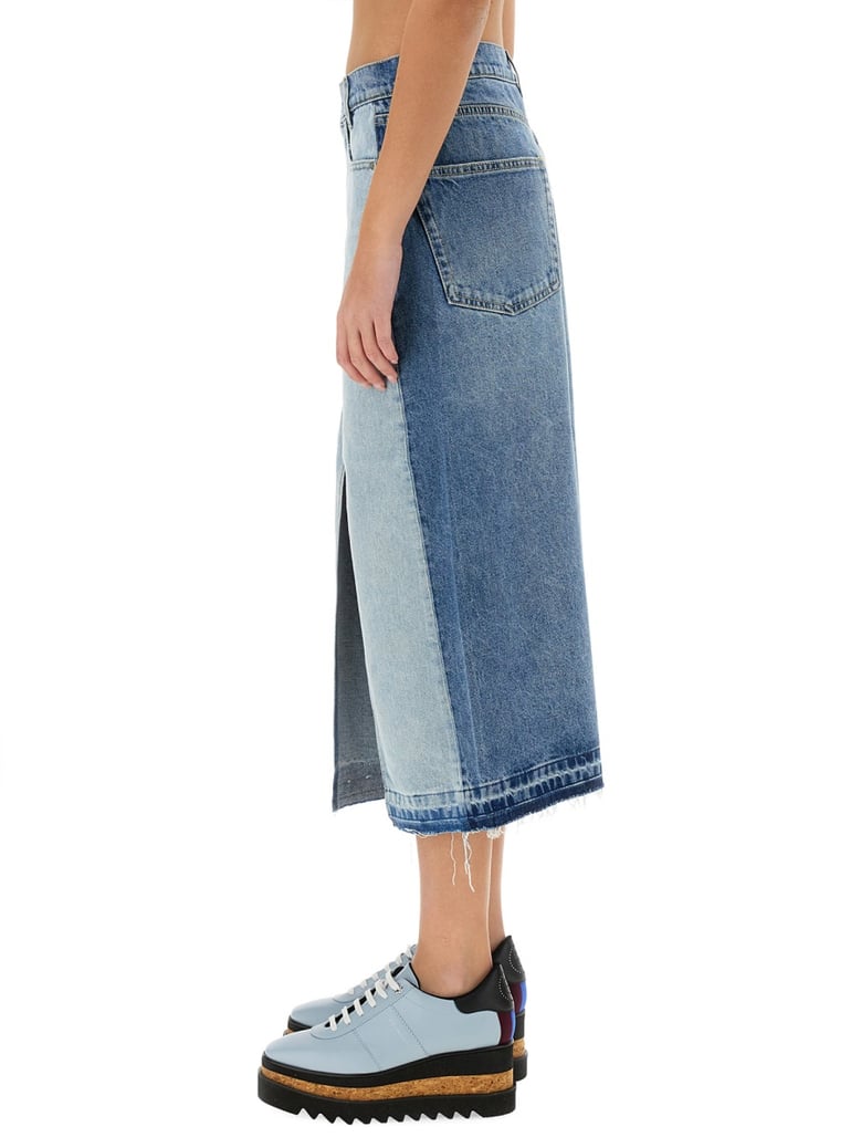 denim skirt with contrasting panel by Selfnex