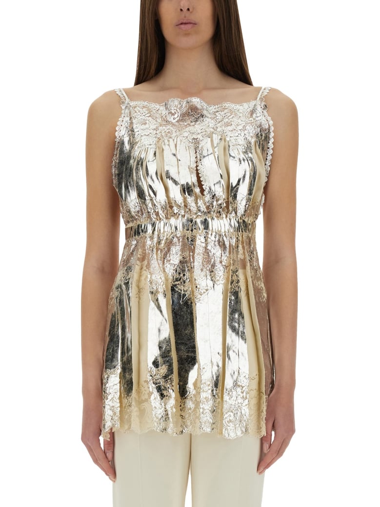 laminated pleated satin top by Selfnex