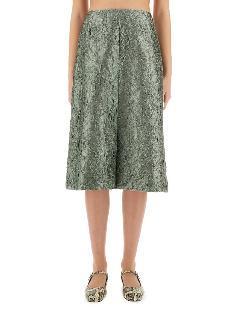 ruched satin midi skirt by Selfnex