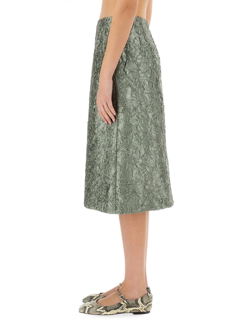 ruched satin midi skirt by Selfnex