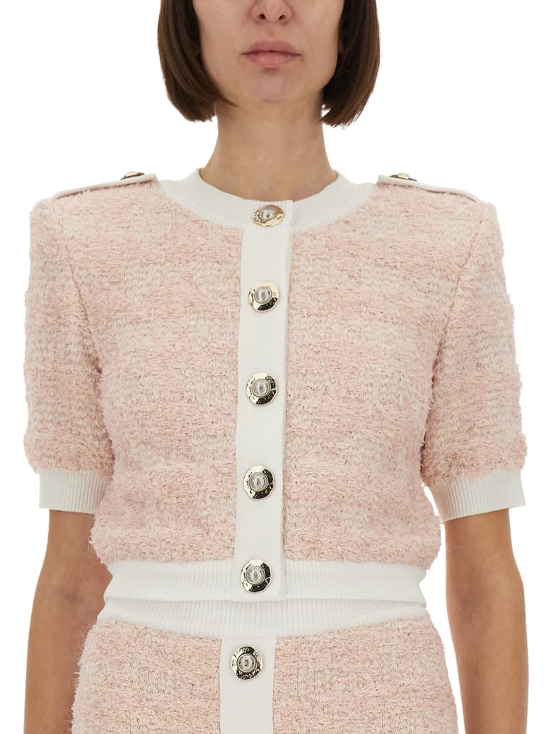 tweed cardigan in pink by Selfnex
