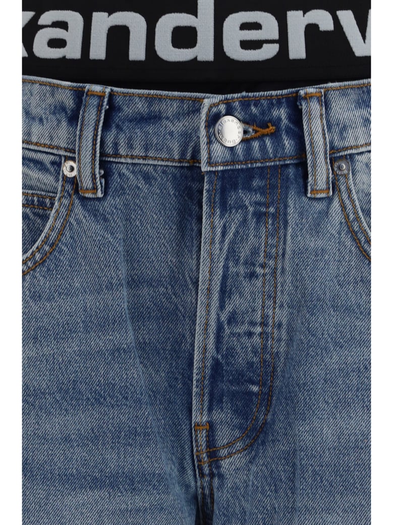 jeans layered belt logo-waist light indigo by Selfnex