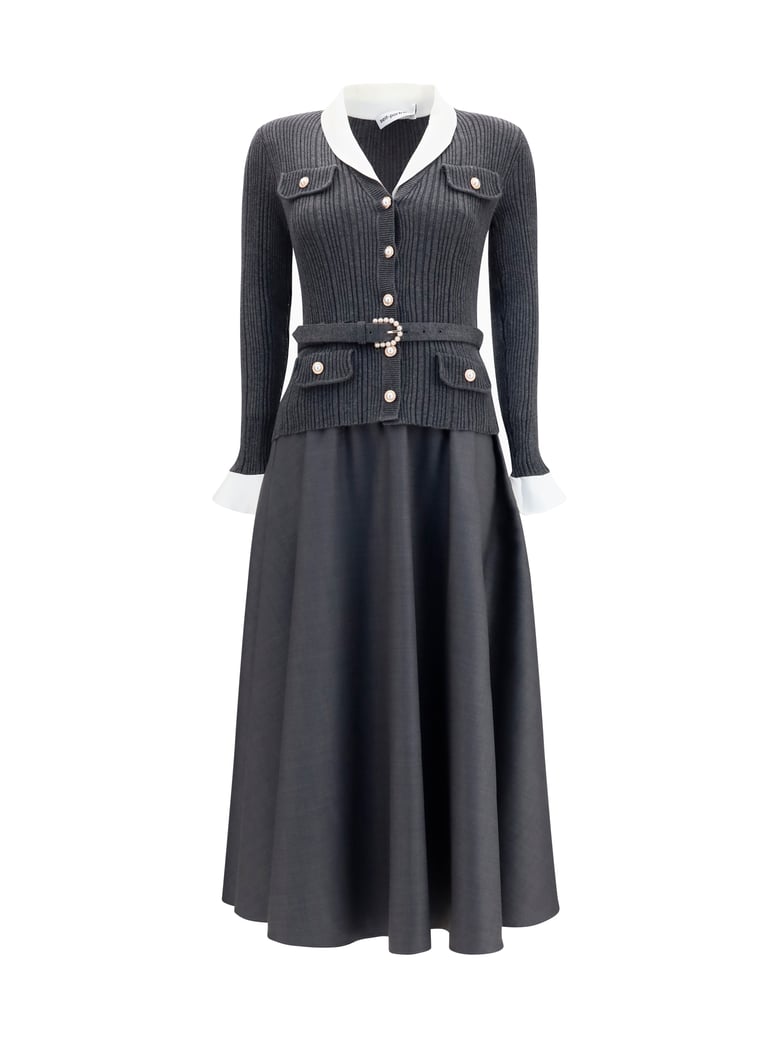 midi dress, knit and twill, grey by Selfnex
