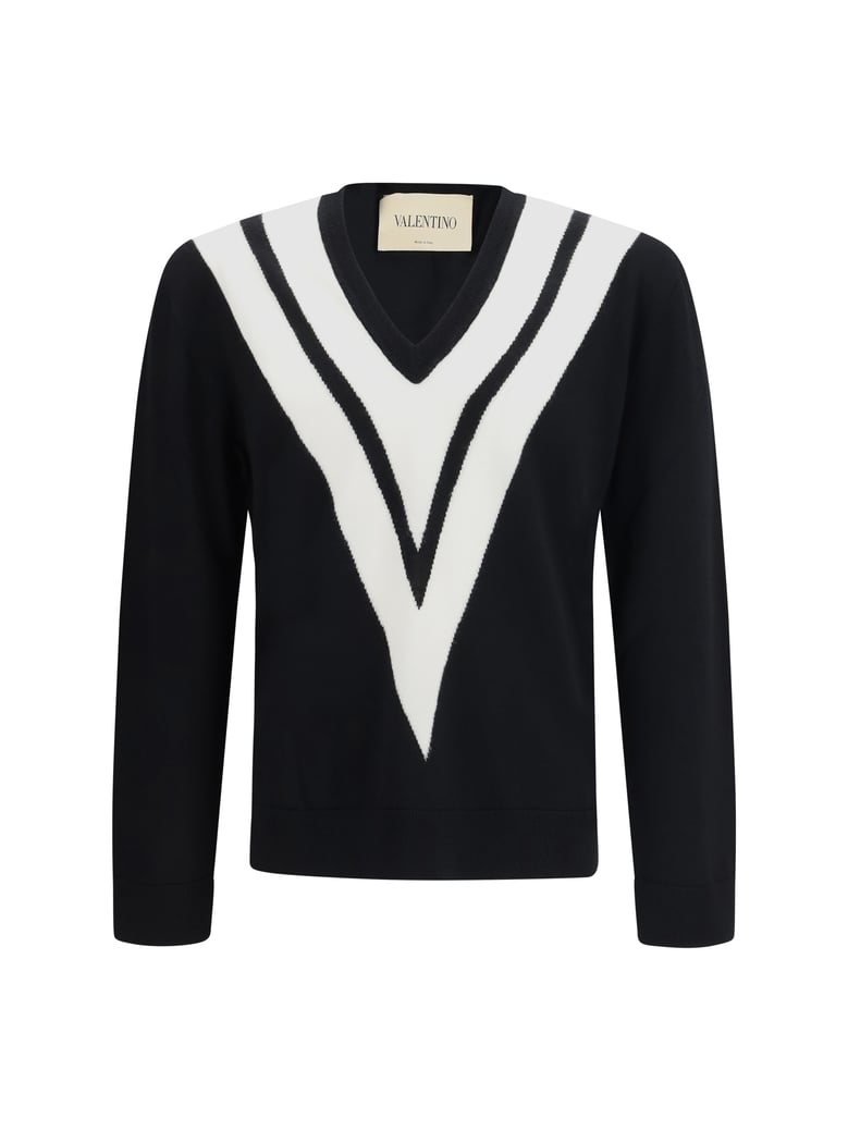 sweater with intarsia v, virgin wool, black/cream by Selfnex