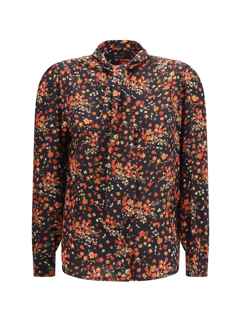 shirt flora print silk tie-neck by Selfnex