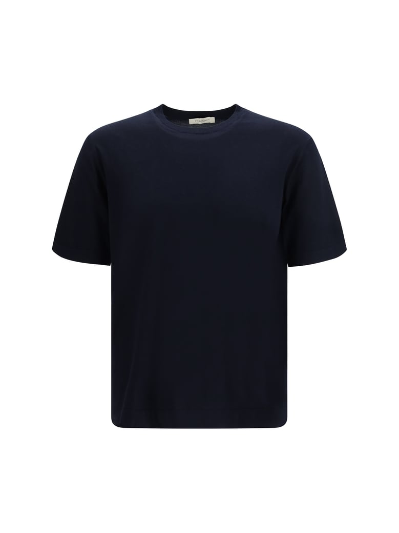 short-sleeve crewneck sweater dark navy by Selfnex