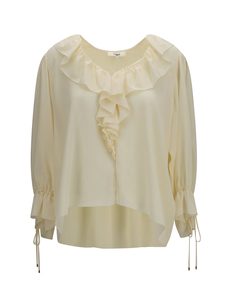 shirt ruffled v-neck pristine white silk by Selfnex