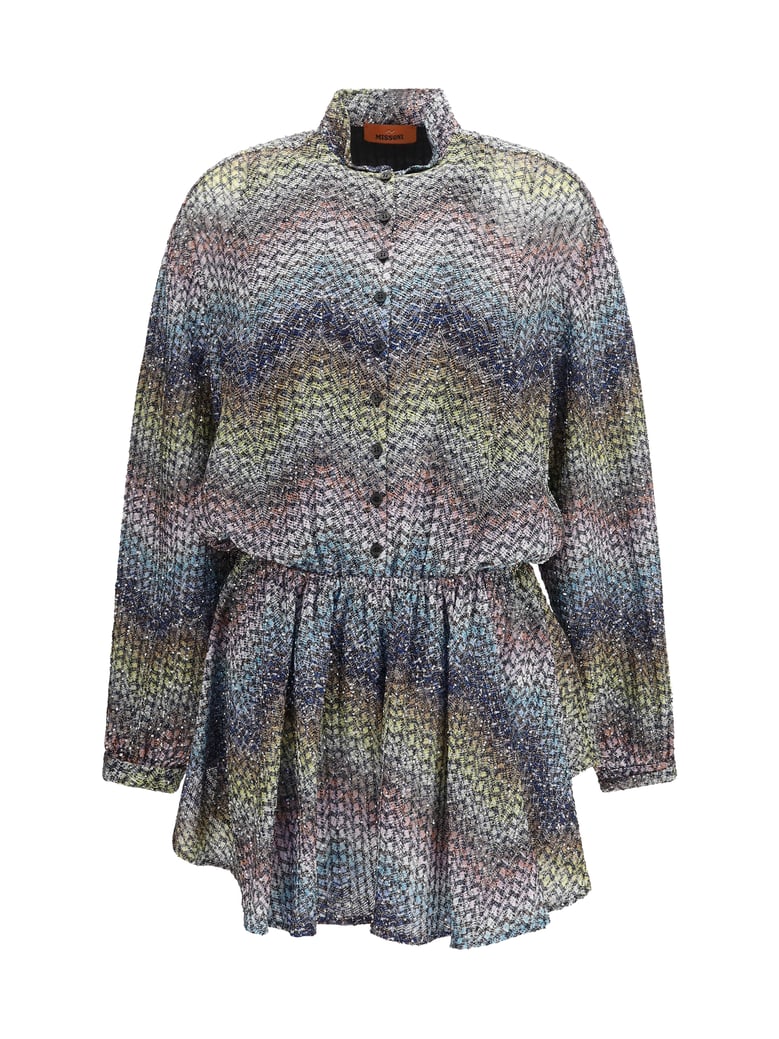 long-sleeve caperdoni mini dress — multiblue/yellow/violet by Selfnex
