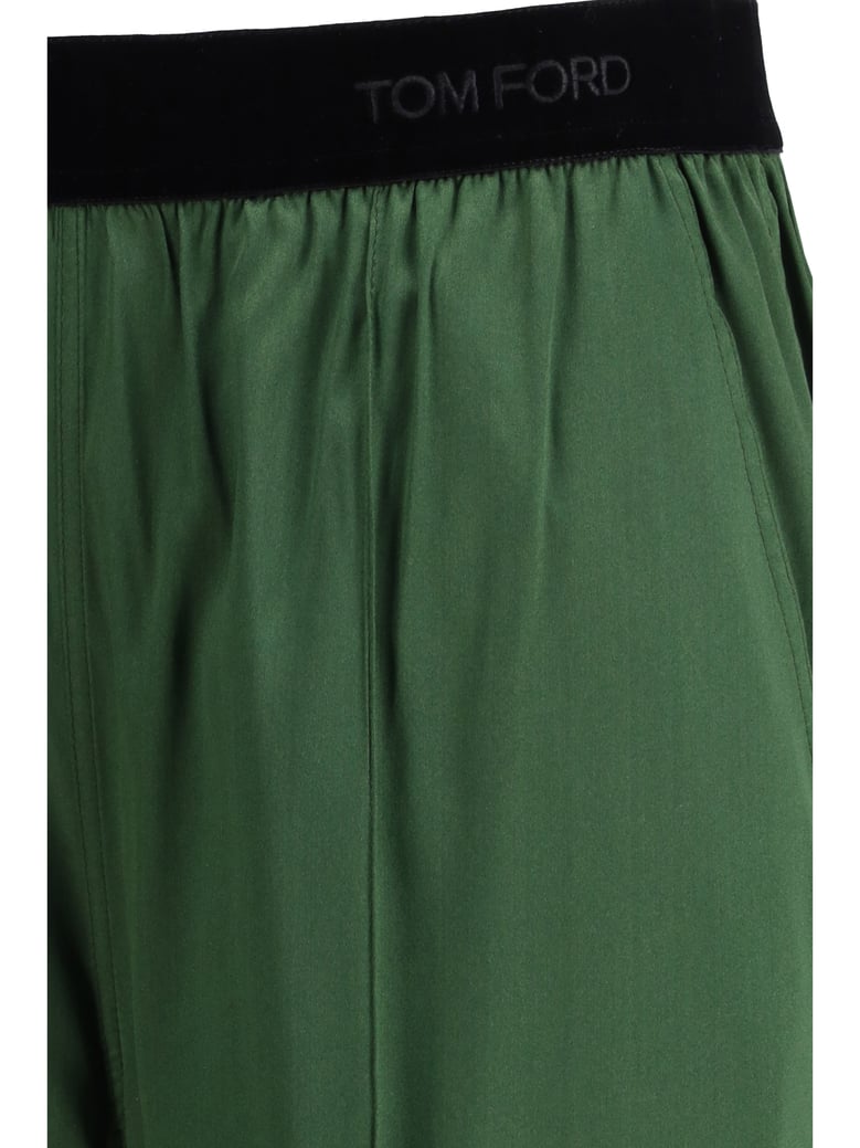 trousers stretch silk satin moss green by Selfnex