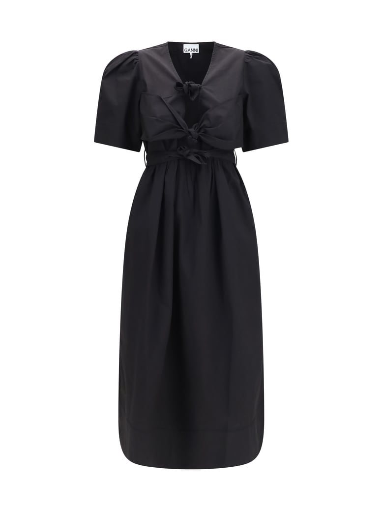 midi dress with bows and puff shoulders, black by Selfnex