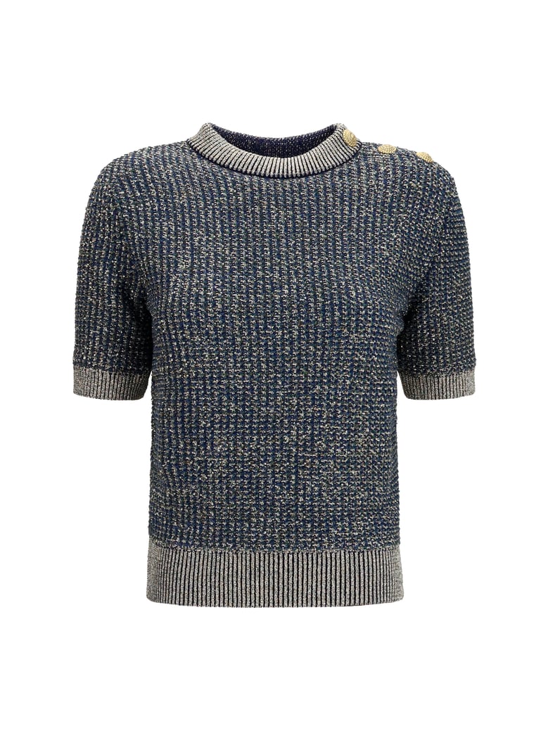 short-sleeve sequin sweater navy/green by Selfnex