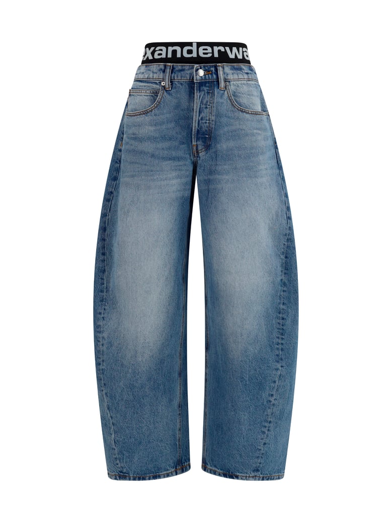 jeans layered belt logo-waist light indigo by Selfnex