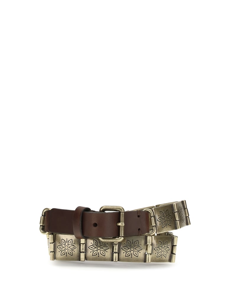 belt engraved metal & brown leather by Selfnex