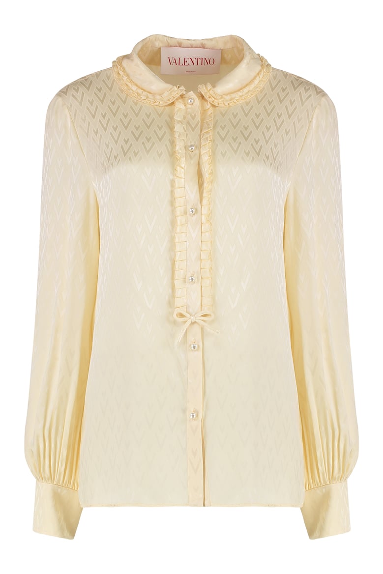 toute la v silk ruffle shirt by Selfnex