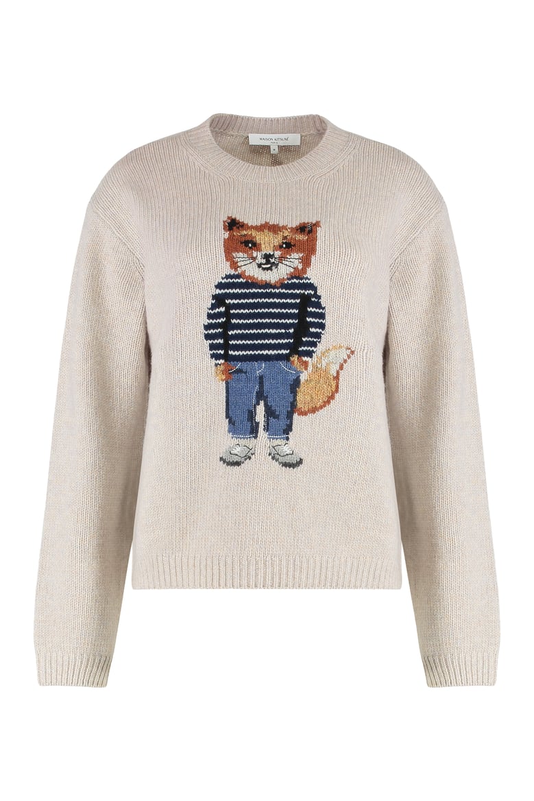 round-neck wool sweater with fox motif by Selfnex