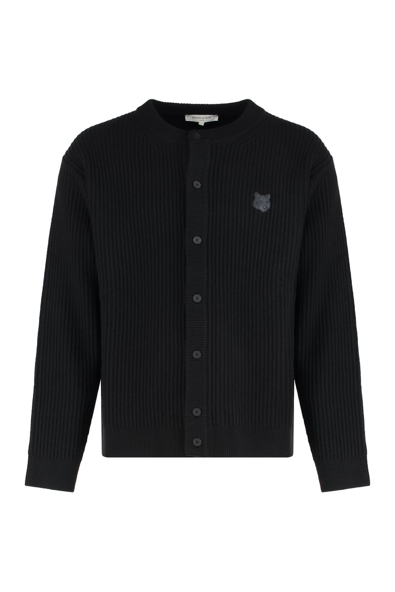 ribbed wool cardigan with fox head patch by Selfnex