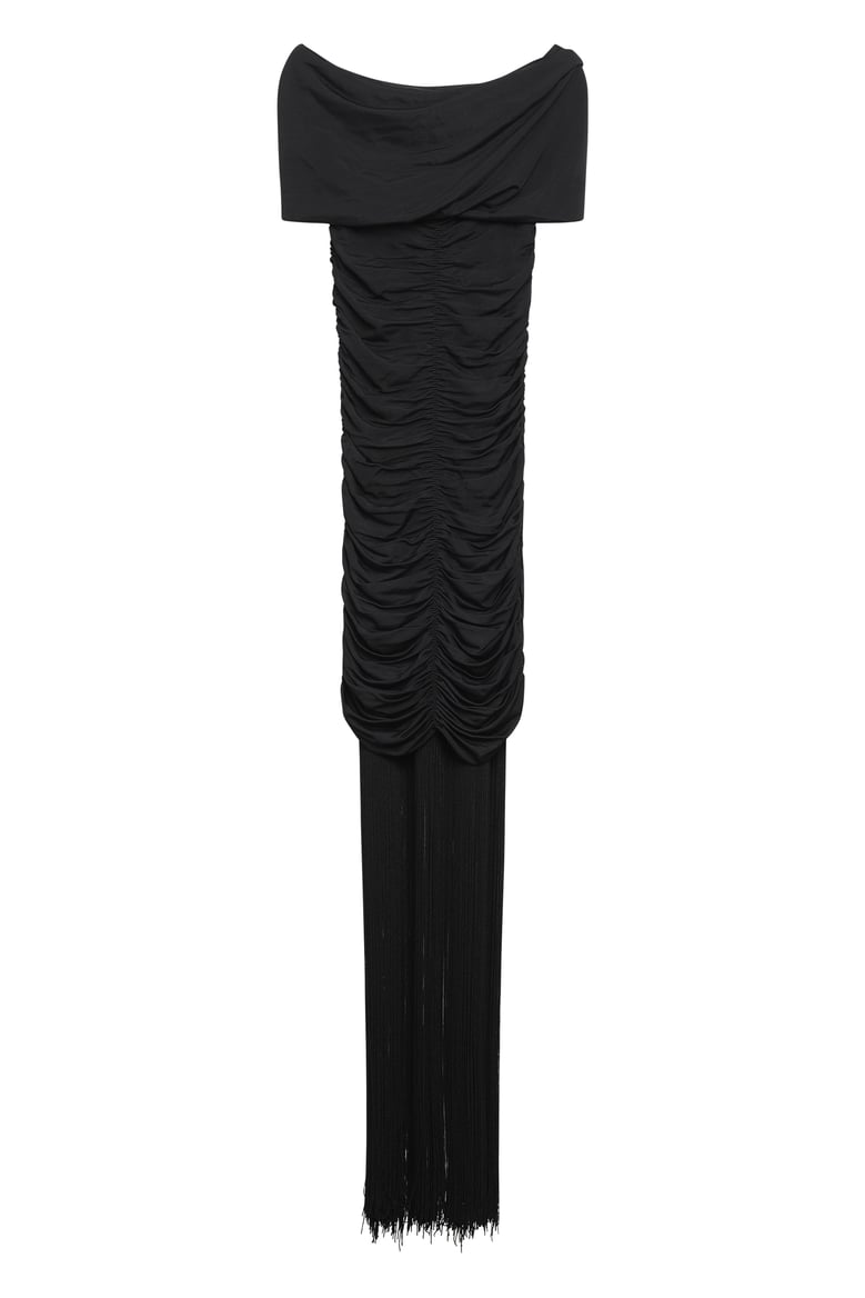 off-shoulder draped midi dress by Selfnex