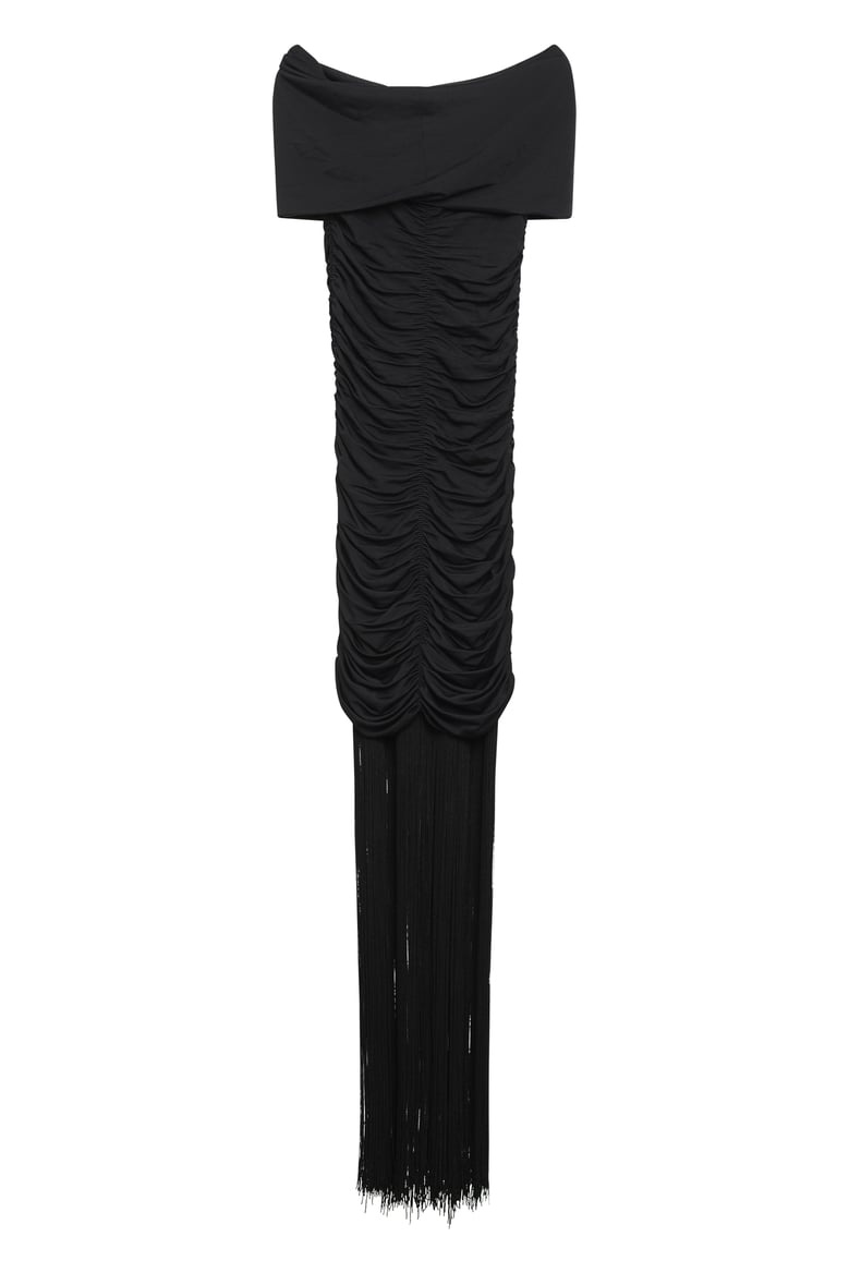 off-shoulder draped midi dress by Selfnex