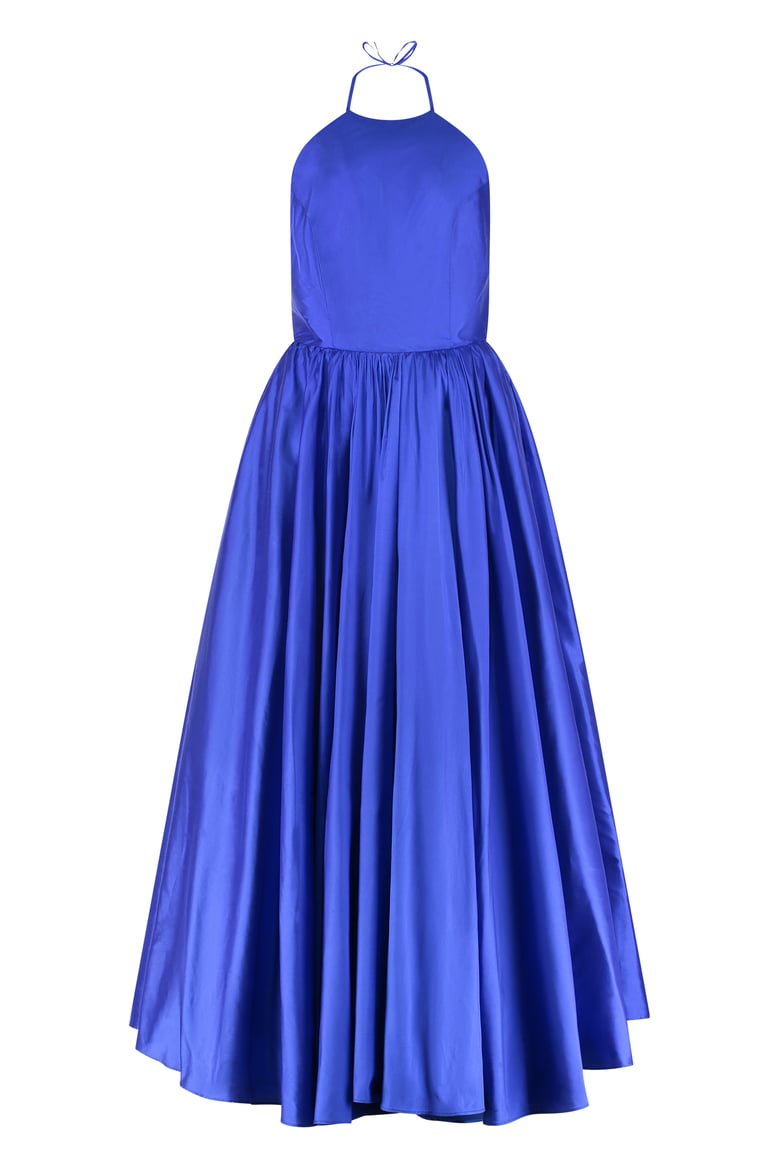 blue open-back silk gown by Selfnex