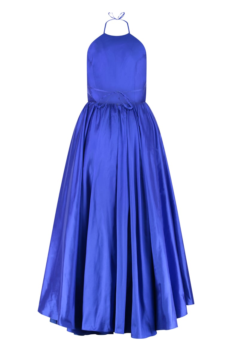blue open-back silk gown by Selfnex