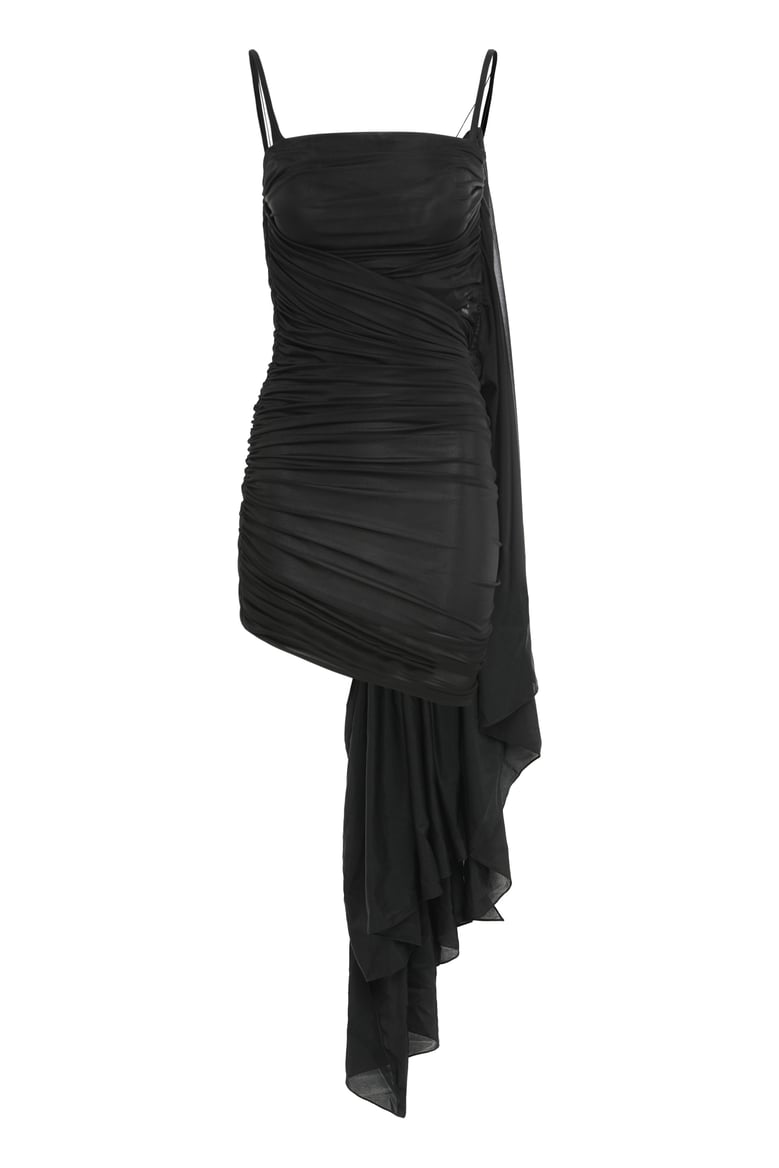 asymmetrical black dress with draping by Selfnex