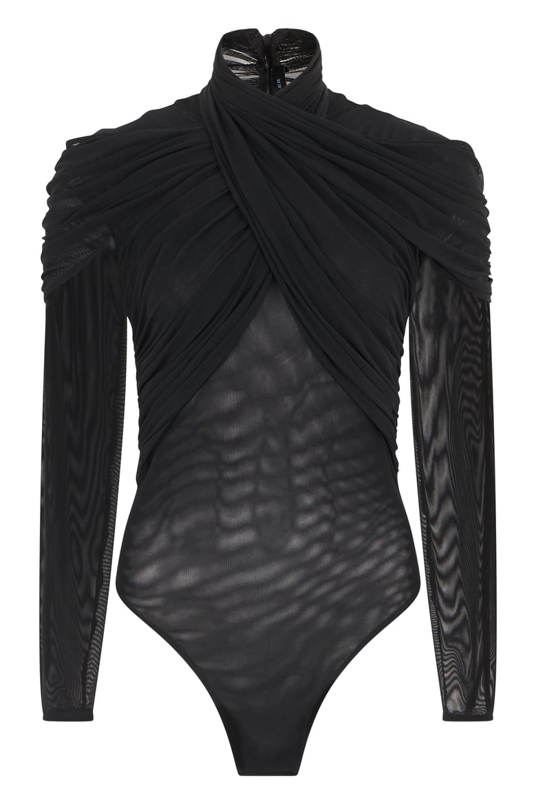 long-sleeve mesh bodysuit black by Selfnex