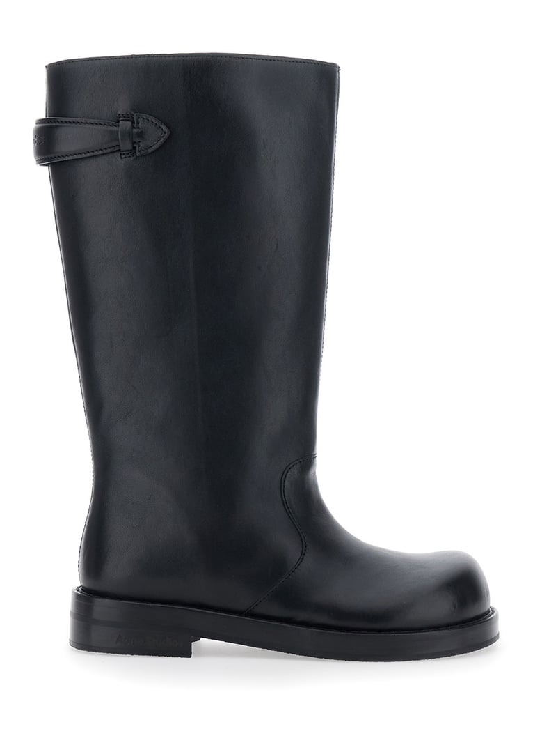 black leather boots with embossed logo by Selfnex