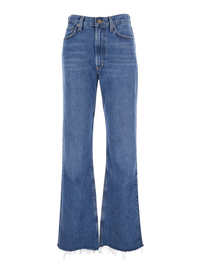 blue flared leg jeans with logo patch by Selfnex