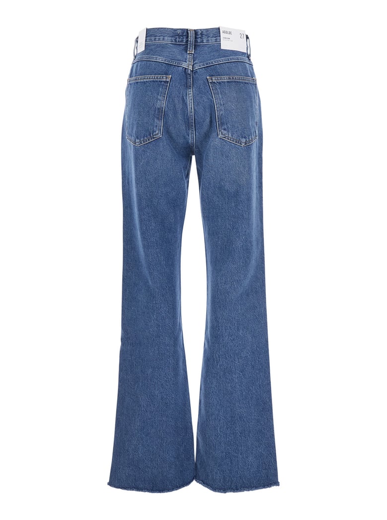 blue flared leg jeans with logo patch by Selfnex