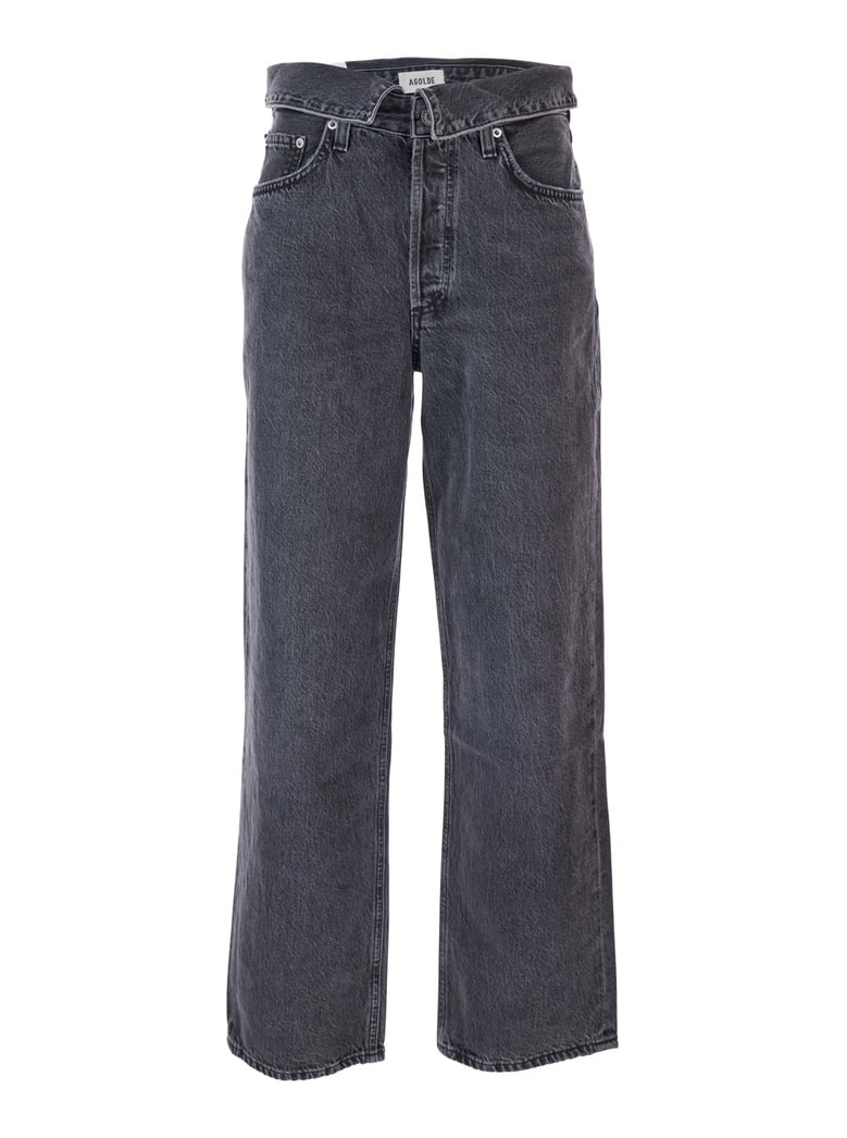 black jeans with front-fold design by Selfnex