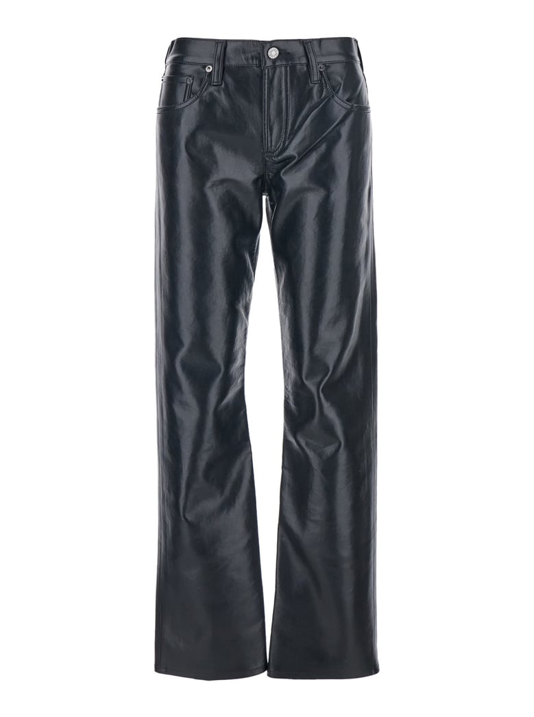 black pants with belt loops in leather blend by Selfnex