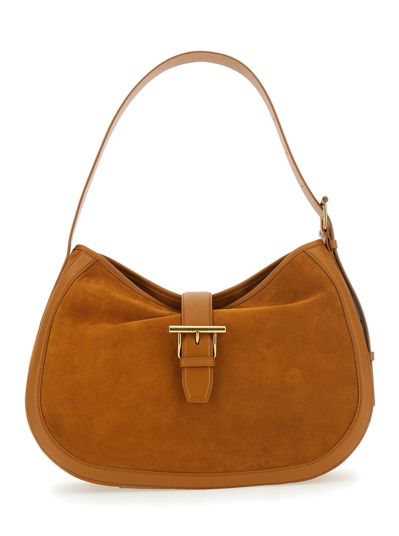 brown suede shoulder bag with t buckle by Selfnex