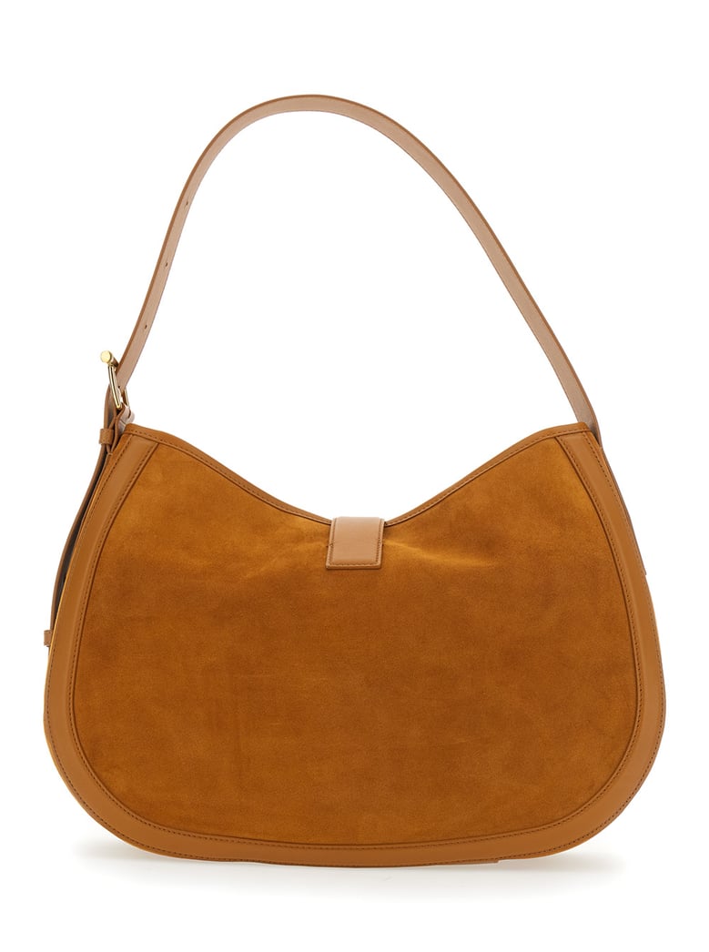 brown suede shoulder bag with t buckle by Selfnex