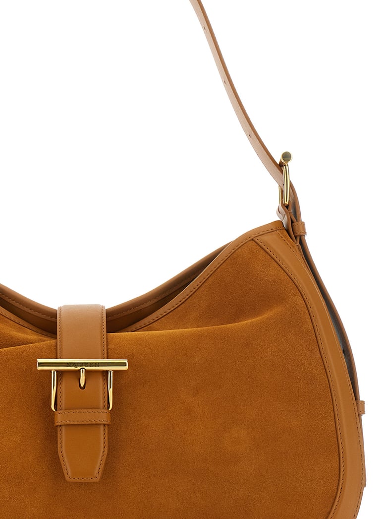 brown suede shoulder bag with t buckle by Selfnex