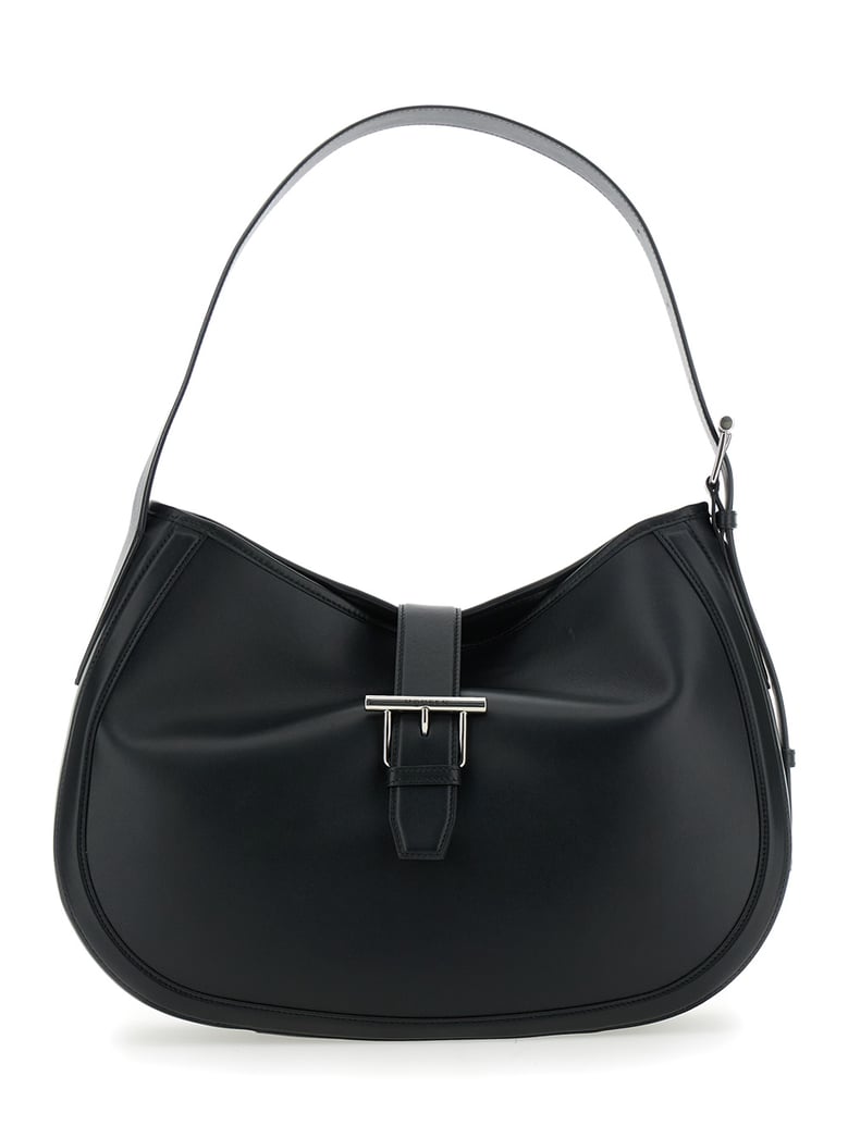 black leather shoulder bag with t buckle by Selfnex