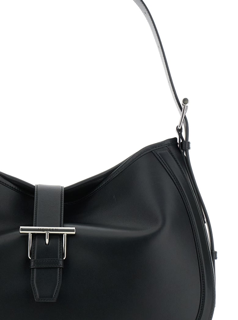 black leather shoulder bag with t buckle by Selfnex