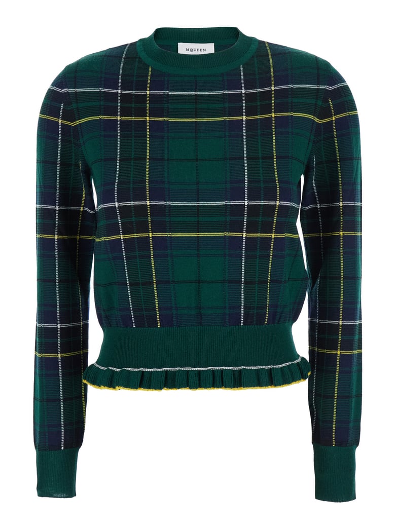 green crew neck sweater with tartan pattern by Selfnex