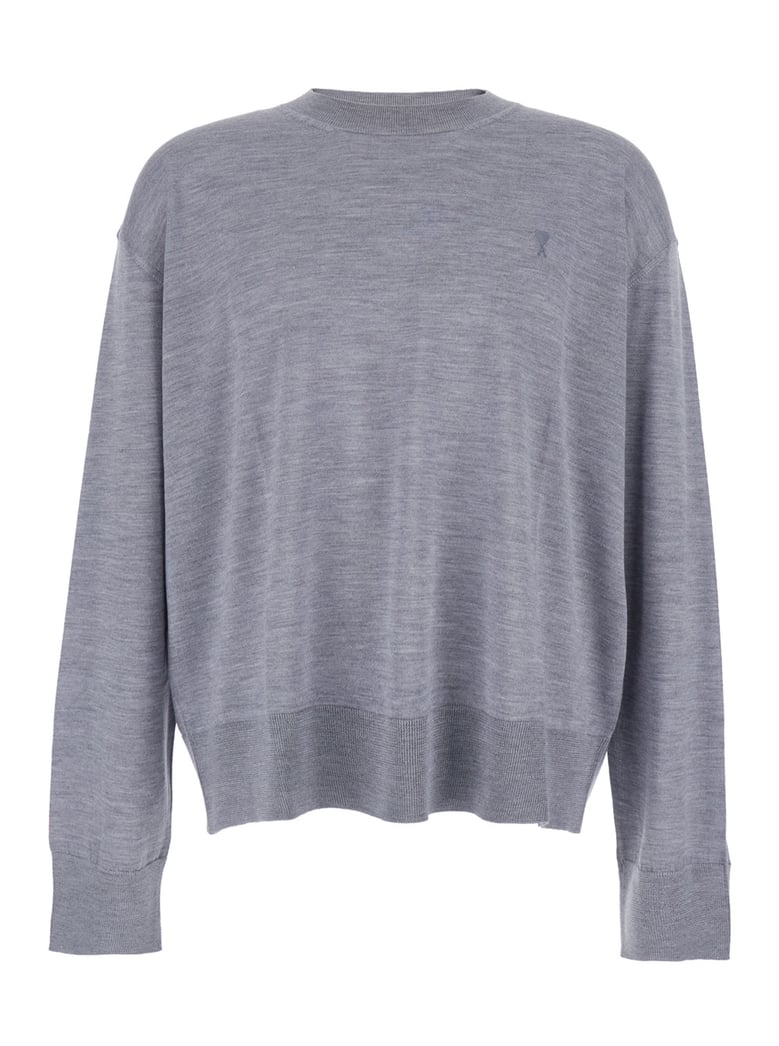 grey crew neck sweater with embroidered logo by Selfnex