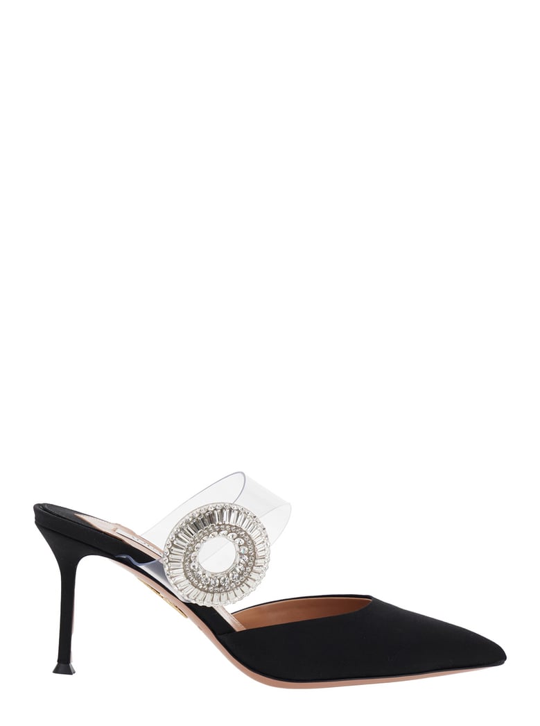 black slingback mules with crystals by Selfnex