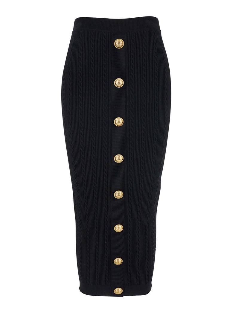 black skirt with logo buttons and zip closure by Selfnex