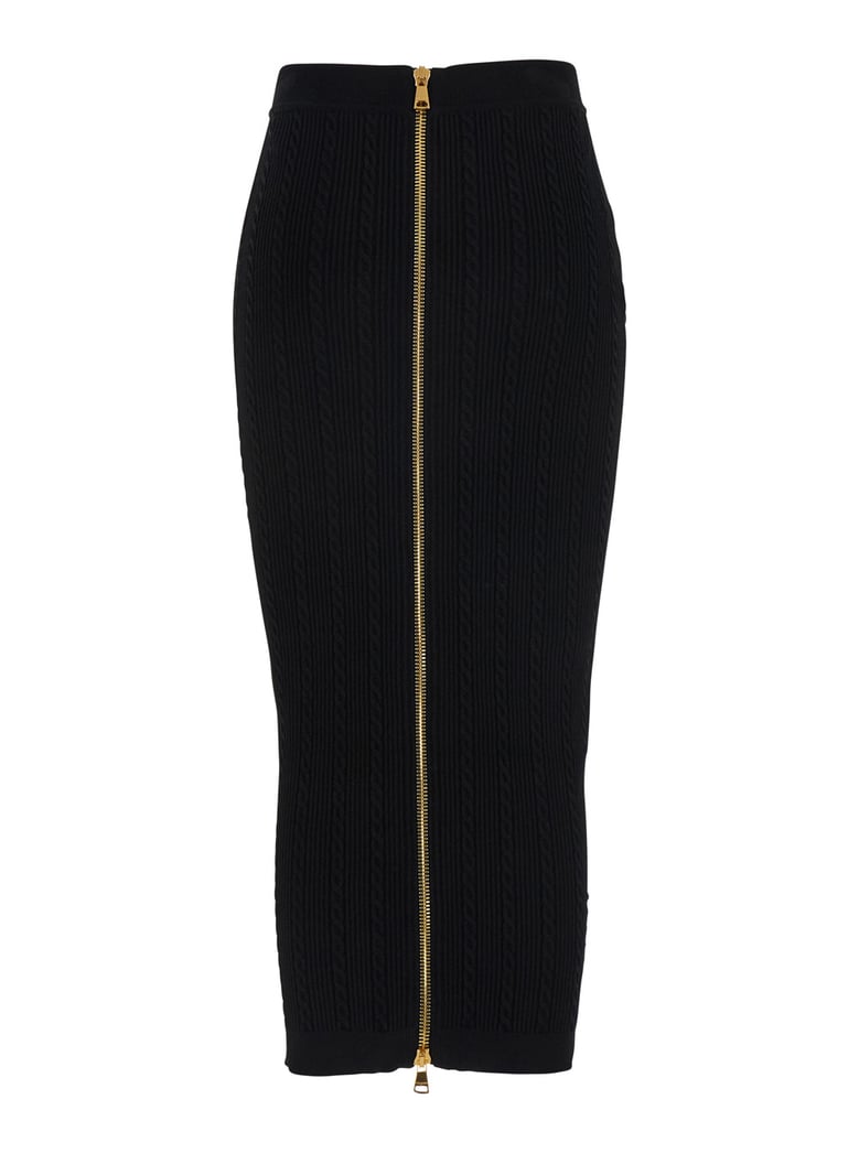 black skirt with logo buttons and zip closure by Selfnex