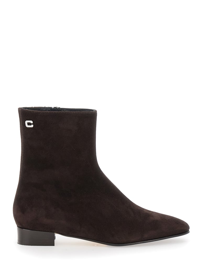 brown boots with logo embroidery and side zip by Selfnex