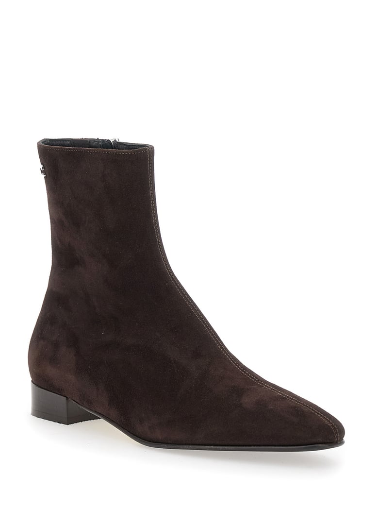 brown boots with logo embroidery and side zip by Selfnex