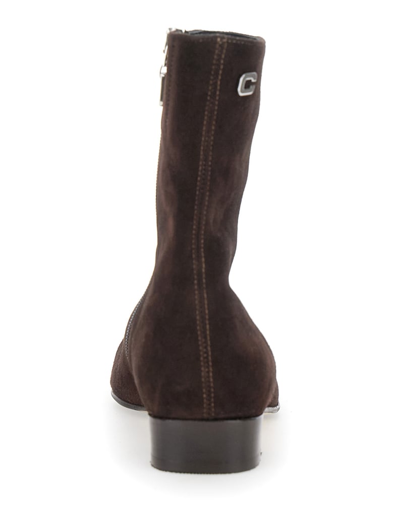 brown boots with logo embroidery and side zip by Selfnex