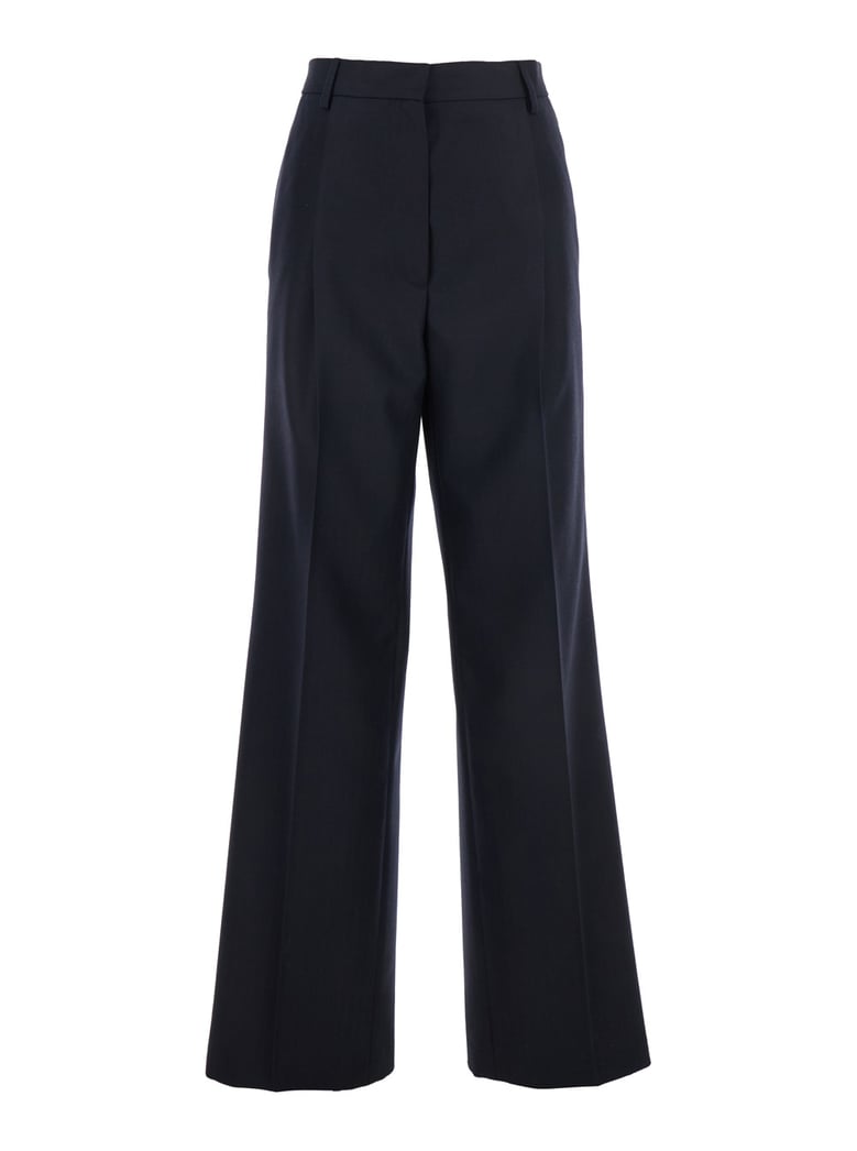 blue wide leg wool pants with pockets by Selfnex